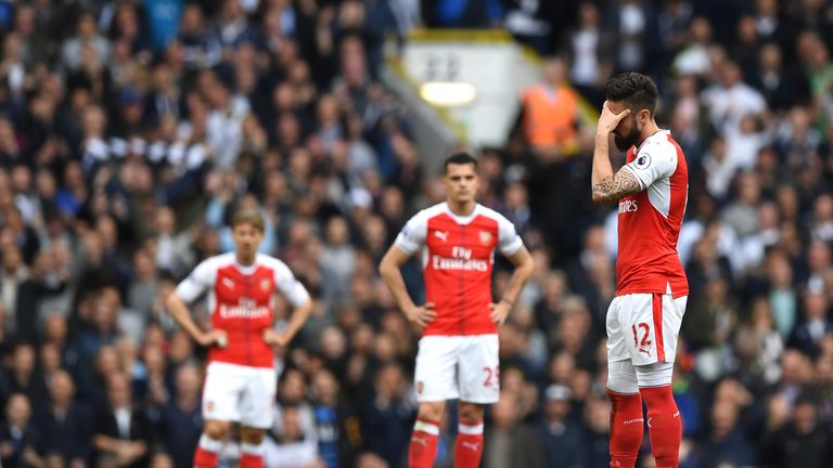 LONDON, ENGLAND - APRIL 30: Olivier Giroud of Arsenal reacts to Tottenham Hotspur scoring their second goal during the Premier League match between Tottenh