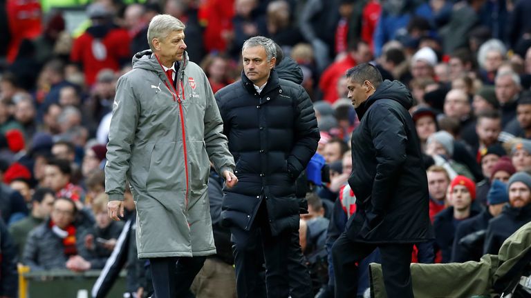 Arsenal manager Arsene Wenger (left) and Manchester United manager Jose Mourinho after the final whistle