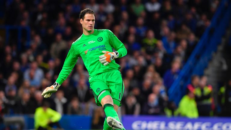 Asmir Begovic in action during the Premier League match between Chelsea and Watford at Stamford Bridge