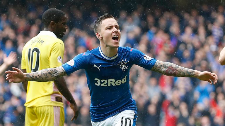 Barrie McKay celebrates his winner against Hearts at Ibrox
