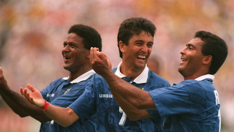 9 Jul 1994: BEBETO #7 OF BRAZIL IS JOINED IN HIS SAMBA CELEBRATIONS BY ROMARIO RIGHT AND MAZINHO LEFT AFTER SCORING THE SECOND GOAL AGAINST HOLLAND DURING 
