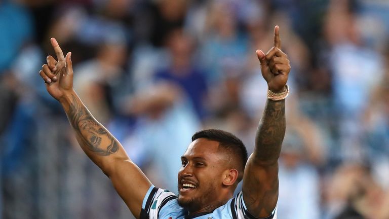 SYDNEY, AUSTRALIA - OCTOBER 02:  Ben Barba of the Sharks celebrates victory during the 2016 NRL Grand Final match between the Cronulla Sutherland Sharks an