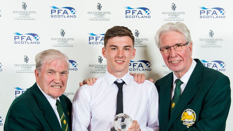 07/05/17 . THE HILTON - GLASGOW. Young Player of the Year Kieran Tierney (centre) with Lisbon Lions Bertie Auld (L) and Jim Craig.
