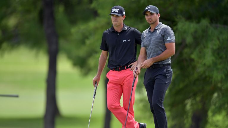 IRVING, TX - MAY 21:   Billy Horschel and  Jason Day of Australia wait to putt on the ninth green during the Final Round of the AT&T Byron Nelson at the TP