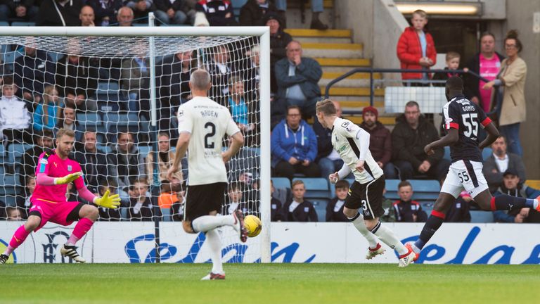 Billy McKay (second from right) opens the scoring at Dens Park