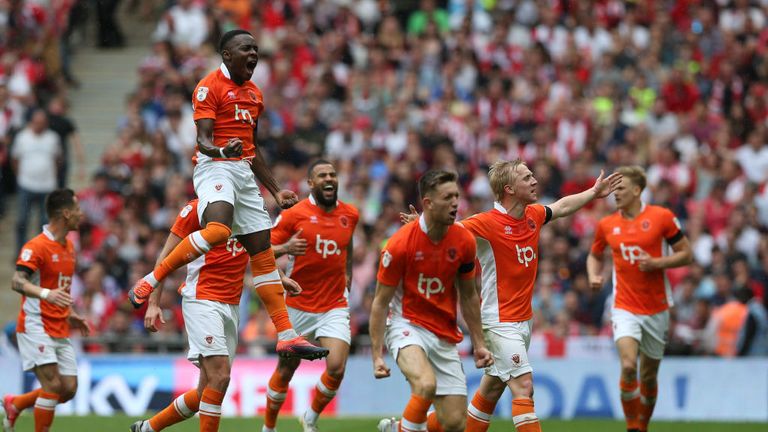 LONDON, ENGLAND - MAY 28:  Mark Cullen of Blackpool (second right) celebrates as he scores their second goal with team mates during the Sky Bet League Two 