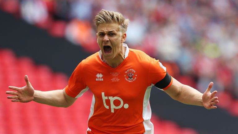 Brad Potts of Blackpool celebrates scoring his sides first goal during the Sky Bet League Two Playoff Final between Blackpool an