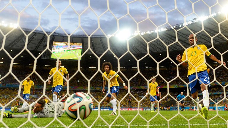 Brazil's Julio Cesar concedes during semi-final v Germany at The Mineirao Stadium in Belo Horizonte during 2014 FIFA World Cup July 8, 2014. 