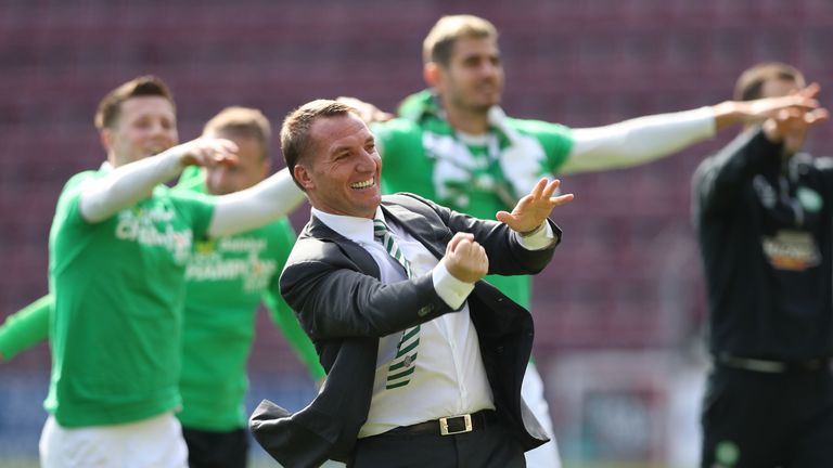 EDINBURGH, SCOTLAND - APRIL 02:  Brendan Rodgers manager of Celtic celebrates winning the league title after beating Hearts 5-0 after the Ladbrokes Scottis
