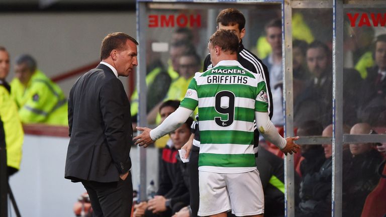 Leigh Griffiths exchanges words with manager Brendan Rodgers after being substituted