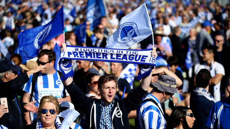 Brighton and Hove Albion fans during the bus parade through Brighton.