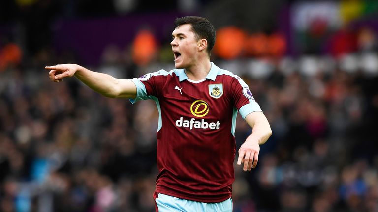 Michael Keane during the Premier League match between Swansea City and Burnley at Liberty Stadium