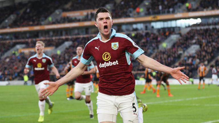 Michael Keane of Burnley celebrates scoring his sides first goal during the Premier League match between Hull City and Burnley