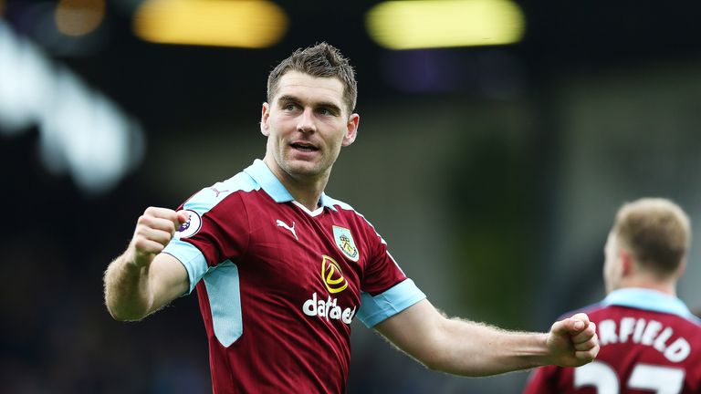 Sam Vokes celebrates after scoring the opener for Burnley at Turf Moor