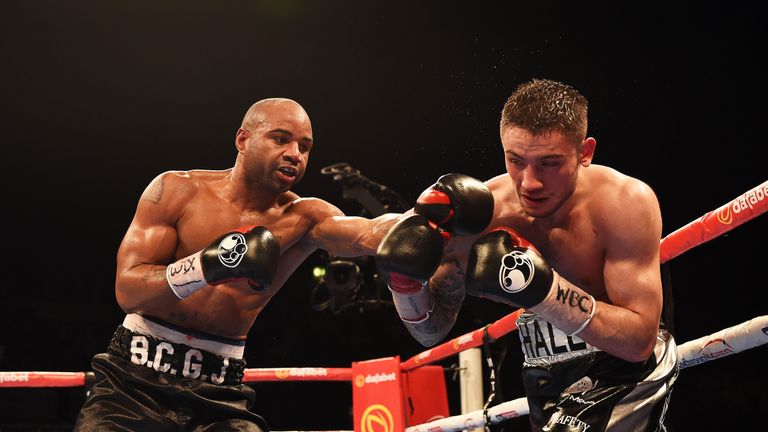 Carson Jones in action with Ben Hall during the vacant WBC International Silver Super Welterweight title fight