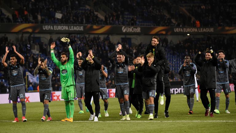 Celta's players celebrate after winning during the UEFA Europa League quarter final second leg football match KRC Genk against Celta Vigo at the Fenix Stad