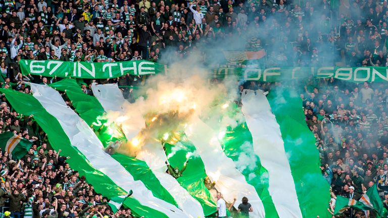 Celtic fans lit flares in the 67th minute of their game against Hearts