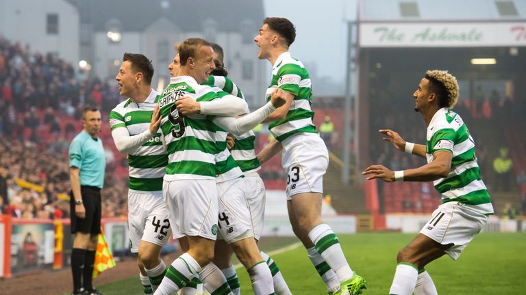 Celtic celebrate after Stuart Armstrong (hidden) doubled the lead