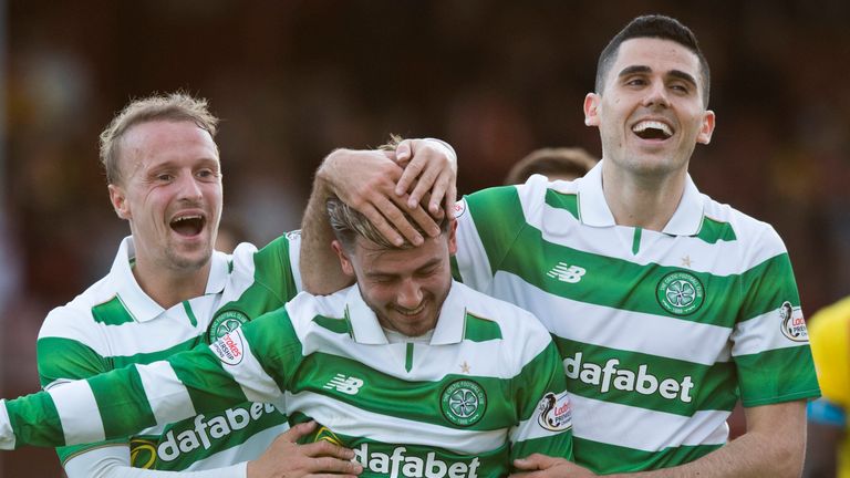 Leigh Griffiths, Patrick Roberts and Tom Rogic celebrate