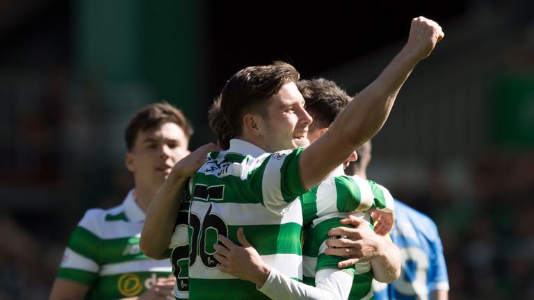 Celtic's Anthony Ralston celebrates after team-mate Patrick Roberts opens the scoring
