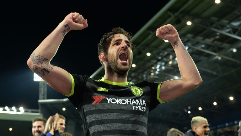 Cesc Fabregas celebrates victory after Chelsea's 1-0 win at West Brom clinched the Premier League title