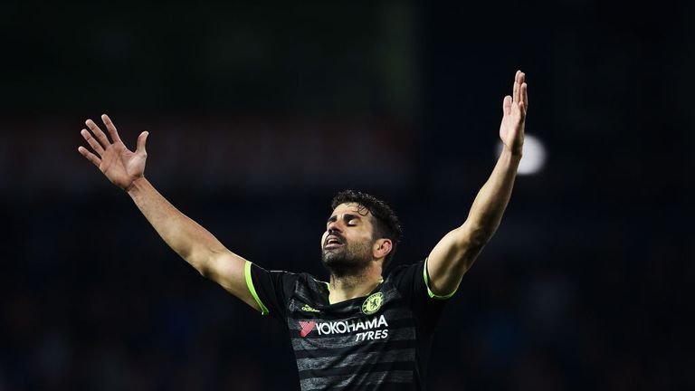Diego Costa celebrates after the final whistle as Chelsea were crowned champions at West Brom