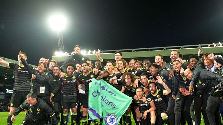Chelsea players celebrate winning the Premier League title with victory over West Bromwich Albion The Hawthorns 