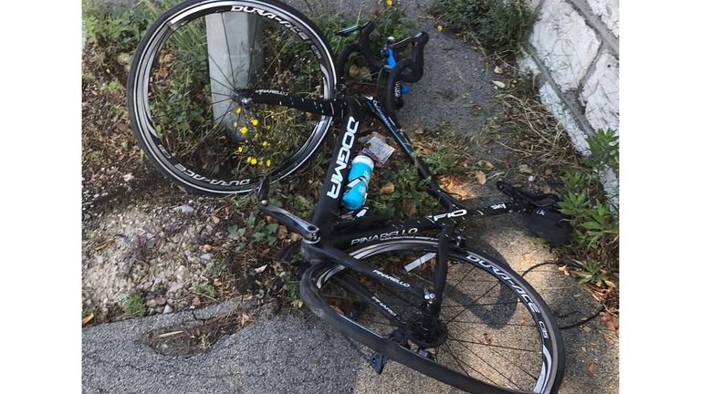 Chris Froome posted this image of his damaged bike to Twitter after being "rammed" off the road (Credit: Twitter/@chrisfroome)