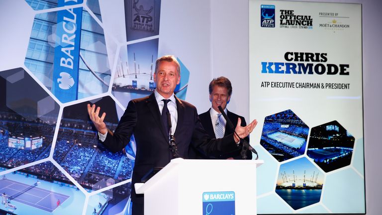 LONDON, ENGLAND - NOVEMBER 12:  ATP Executive Chairman and President Chris Kermode talks to the room during the Barclays ATP World Tour Finals Draw at City