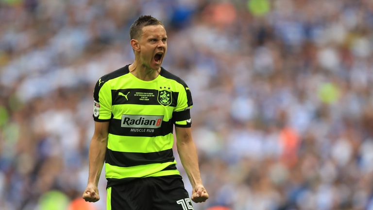 Huddersfield Town's Chris Lowe celebrates scoring from the penalty spot during the Sky Bet Championship play-off final at Wembley Stadium, London.