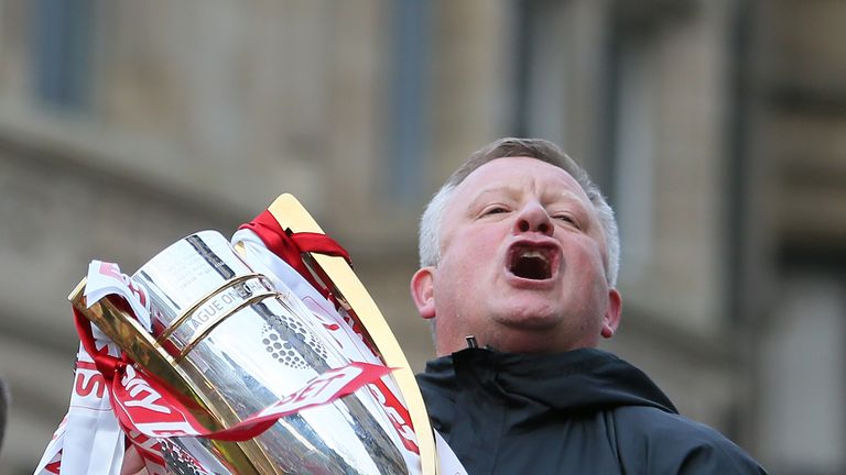 Sheffield United manager Chris Wilder with the League One trophy during the promotion celebrations in Sheffield.