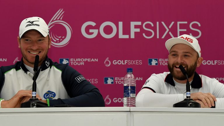 ST ALBANS, ENGLAND - MAY 05:  Chris Wood of England and Andy Sullivan of England talking the press during the pro-am event prior to the Golf Sixes at the C