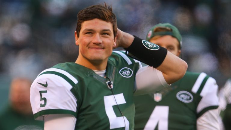 Christian Hackenberg, quarterback with the New York Jets watches from the sidelines 