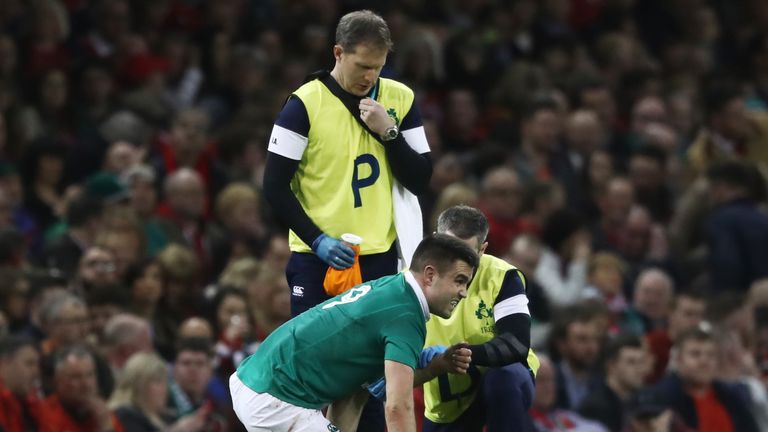 CARDIFF, WALES - MARCH 10:  Conor Murray of Ireland is given treatment during the Six Nations match between Wales and Ireland at the Principality Stadium o