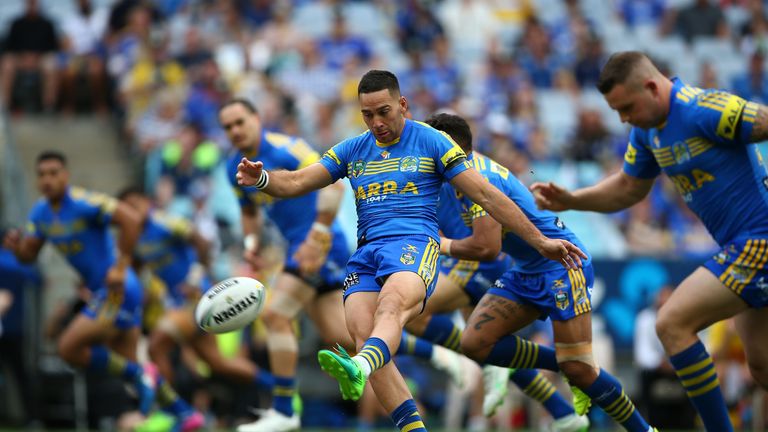 SYDNEY - APRIL 22 2017:  Corey Norman of the Eels kicks off to start round eight NRL match between the Parramatta Eels and the Penrith Panthers