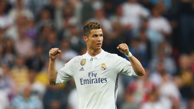 MADRID, SPAIN - MAY 02:  Cristiano Ronaldo of Real Madrid celebrates victory after the UEFA Champions League semi final first leg match between Real Madrid