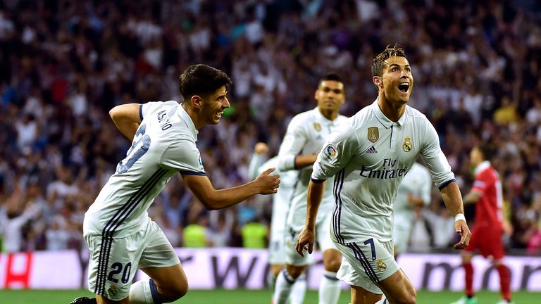 Cristiano Ronaldo celebrates after scoring during the la Liga match against Sevilla FC