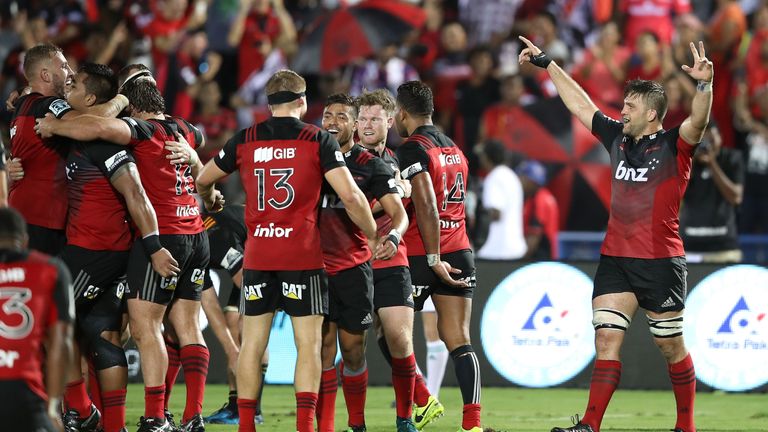 SUVA - MAY 19 2017:  The Crusaders celebrate victory during the round 13 Super Rugby match between the Chiefs and the Crusaders