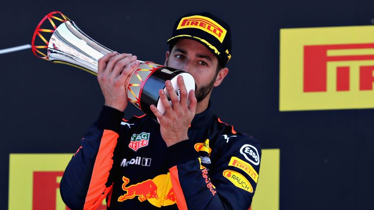 MONTMELO, SPAIN - MAY 14:  Third placed finisher Daniel Ricciardo of Australia and Red Bull Racing celebrates on the podium during the Spanish Formula One 