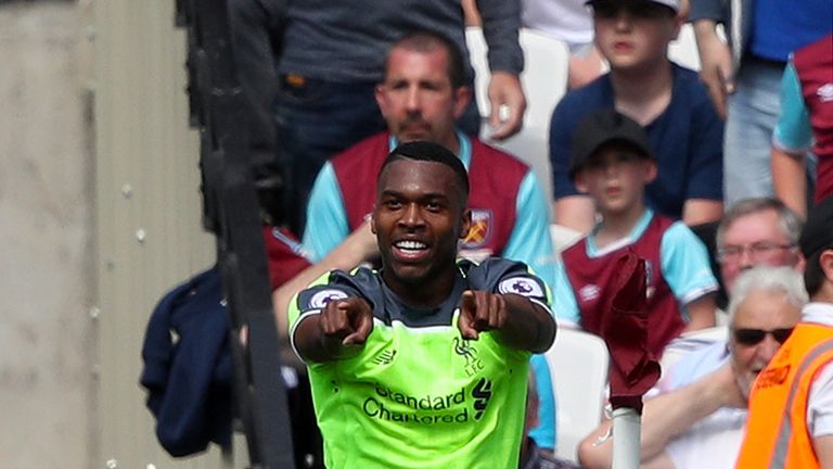 Liverpool's Daniel Sturridge celebrates scoring his side's first goal of the game v West Ham during the Premier League match at London Stadium
