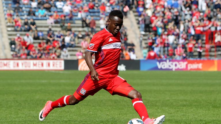 BRIDGEVIEW, IL - APRIL 1:  David Accam #11 of Chicago Fire crosses the ball in the first half against the Montreal Impact during an MLS match at Toyota Par