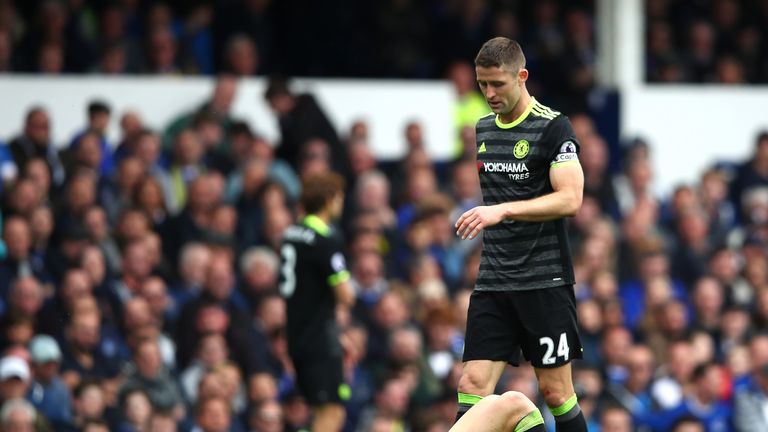 David Luiz lies injured during the Premier League match against Everton at Goodison Park