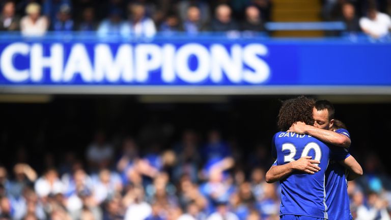 David Luiz embraces John Terry as he leaves the pitch during his final game for Chelsea