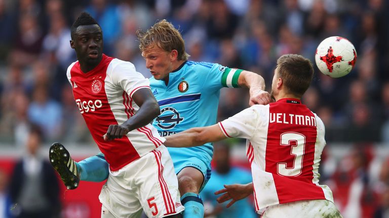 AMSTERDAM, NETHERLANDS - APRIL 02:  Davinson Sanchez and Joel Veltman of Ajax battles for the ball with Dirk Kuyt of Feyenoord Rotterdam during the Dutch E