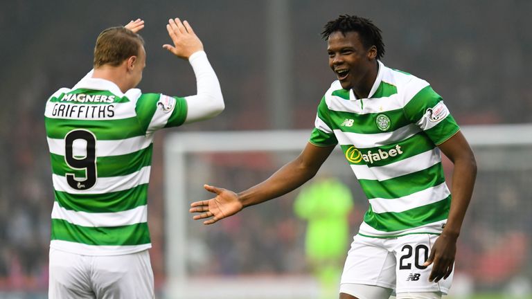 Celtic's Dedryck Boyata (right) celebrates his goal with Leigh Griffiths