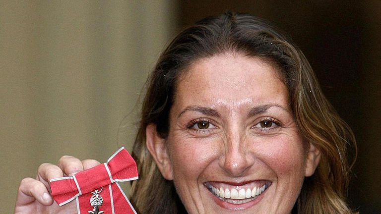 British yachtswoman Denise Caffari poses after receiving her Member of the British Empire (MBE) from the Prince of Wales at Buckingham Palace in London, 25