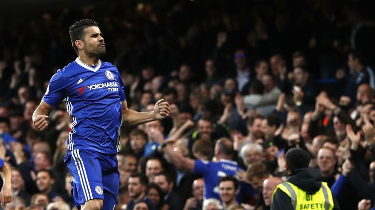 Chelsea's Brazilian-born Spanish striker Diego Costa celebrates after scoring during the English Premier League football match between Chelsea and Middlesb