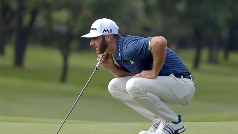 IRVING, TX - MAY 18:  Dustin Johnson lines up a putt on the 16th green during Round One of the AT&T Byron Nelson at the TPC Four Seasons Resort Las Colinas