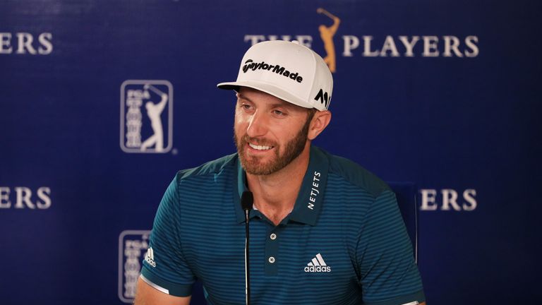 PONTE VEDRA BEACH, FL - MAY 10:  Dustin Johnson of the United States speaks to the media prior to the THE PLAYERS Championship at the Stadium course at TPC