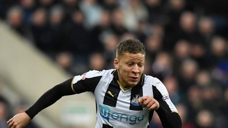 NEWCASTLE UPON TYNE, ENGLAND - FEBRUARY 20:  Newcastle striker Dwight Gayle in action during the Sky Bet Championship match between Newcastle United and As
